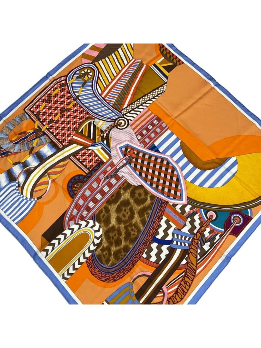Hermes Scarf Carre 90 Orange Light Blue Multi Imaginary Saddle Silk